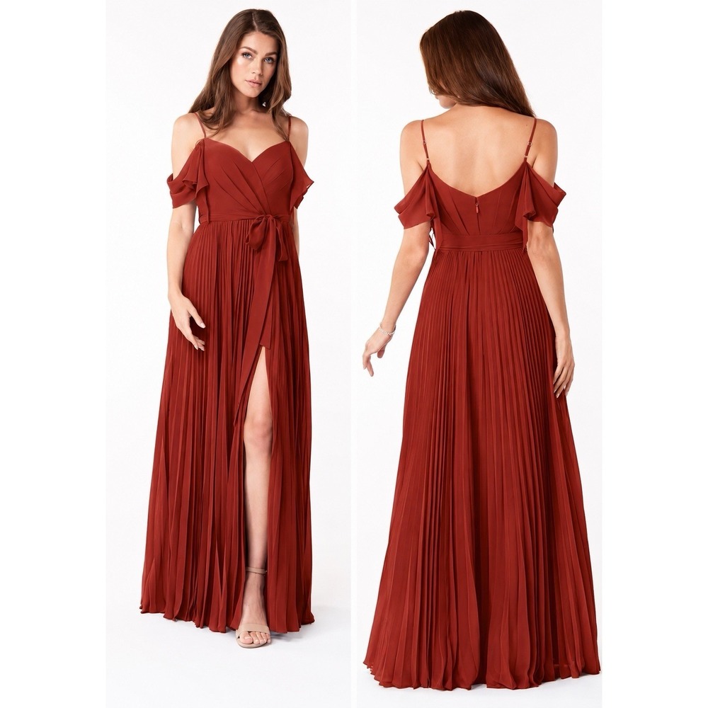 Azazie Lyney A-Line Chiffon Off-the-Shoulder Bridesmaid Dress Rust Red Size A4
